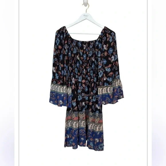 Angie Floral Flare Sleeve Blue Ruffle Smocked Boho Cottagecore Dress Size M - Picture 2 of 16